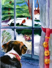Bonnie, Beagle, Dog, Dog at Window, Christmas at Window Cardinal Bird, Rabbit in Winter, Dog at Christmas. Watercolor Painting, Card Illustration